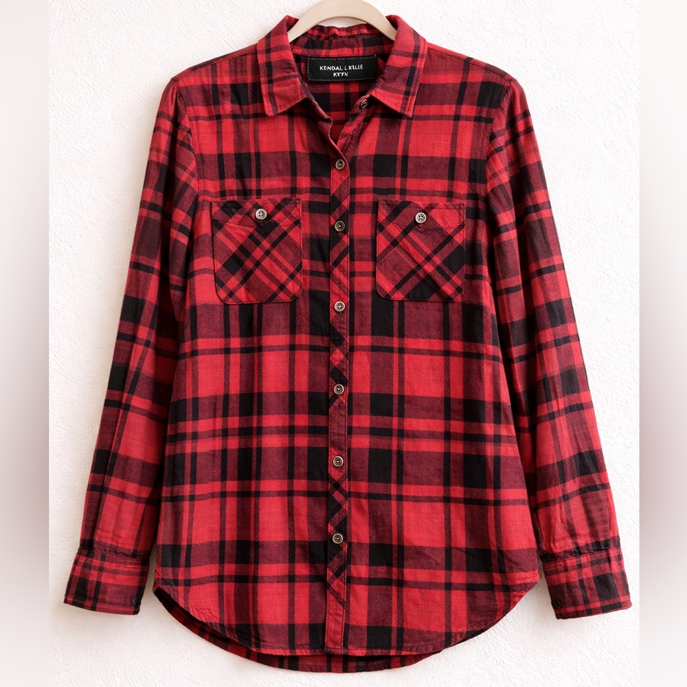 Kendall & Kylie Red and Black Plaid Button-Down Shirt
